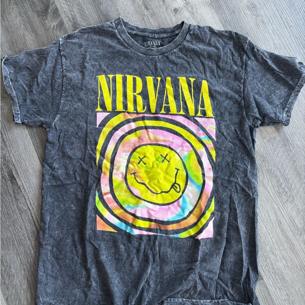 NIRVANA Gray Tie-Dye Smiley Tee